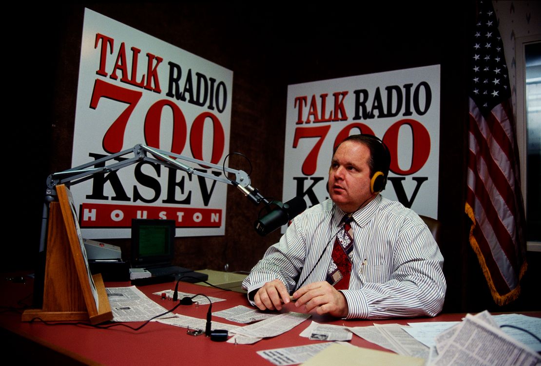 Rush Limbaugh sits at his desk at Talk Radio 700 KSEV during the Republican National Convention in Houston. (Photo by Shepard Sherbell/Corbis/Getty Images)