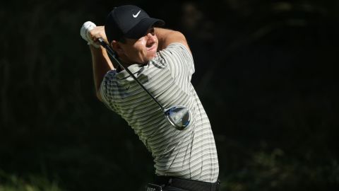 McIlroy plays a shot from the second tee during the third round of The CJ Cup. 