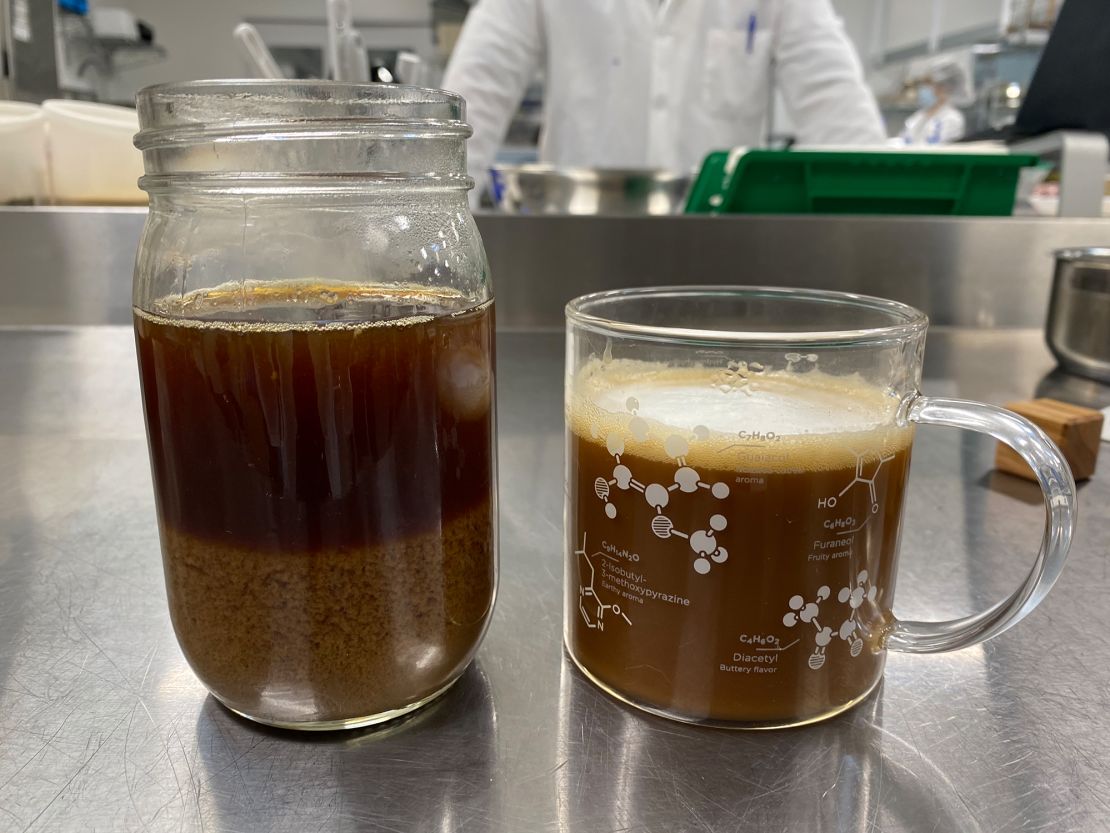 Plant-based milk doesn't mix well with coffee, as seen on the left. Coffee with Impossible's prototype, on the right, is designed to be creamier. 