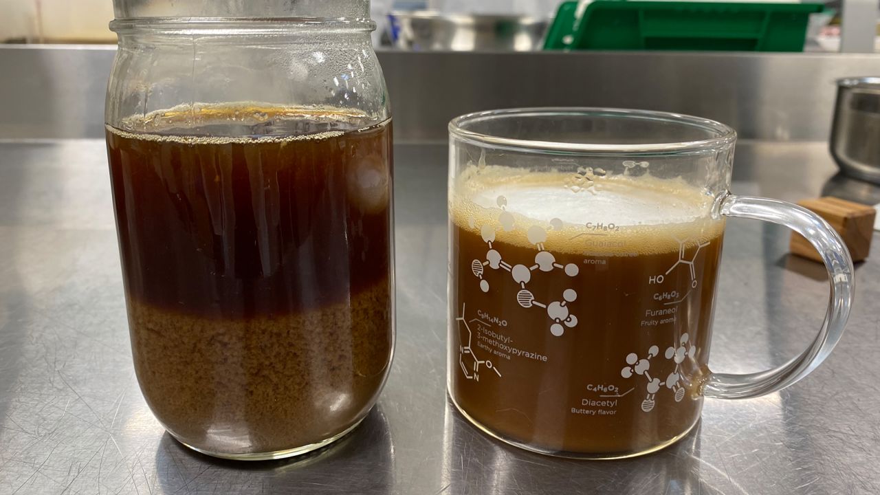 Plant-based milk doesn't mix well with coffee, as seen on the left. Coffee with Impossible's prototype, on the right, is designed to be creamier. 