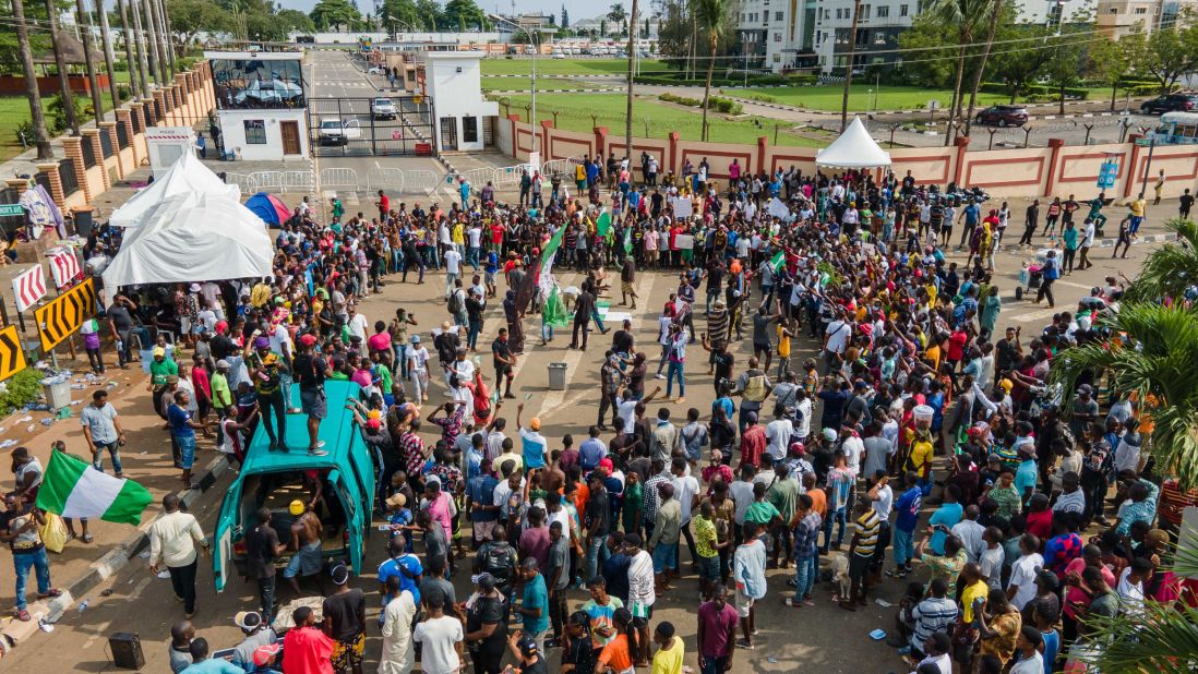 Protesters gather outside the Alausa Secretariat in Ikeja, Nigeria, on October 20.