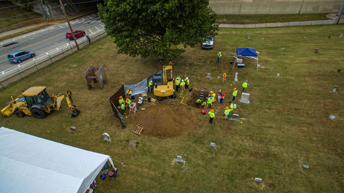 The excavation at Oaklawn Cemetery resumed Monday.