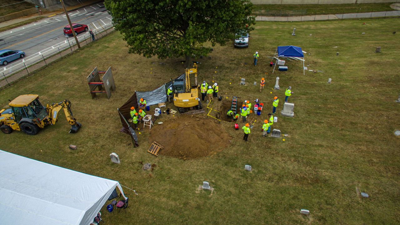 The excavation at Oaklawn Cemetery resumed Monday.