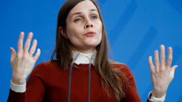 Iceland's Prime Minister Katrin Jakobsdottir gestures as she gives joint press statements with the German Chancellor prior to their talks on March 19, 2018 at the Chancellery in Berlin. / AFP PHOTO / Odd ANDERSEN        (Photo credit should read ODD ANDERSEN/AFP via Getty Images)