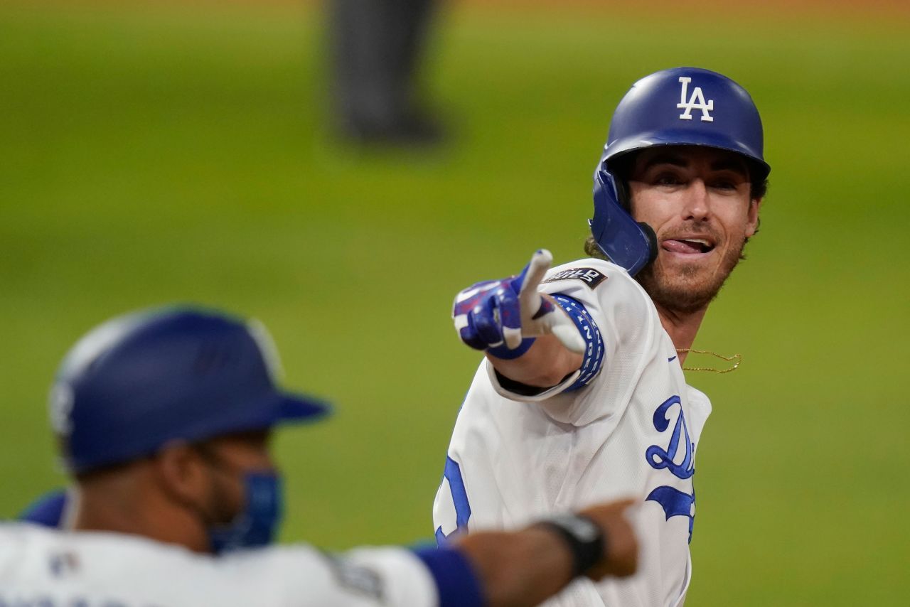 Los Angeles Dodgers' Cody Bellinger celebrates his two-run home run in the fourth inning of Game 1 on Tuesday, October 20. The Dodgers defeated the Rays 8-3 to take a 1-0 lead in the series.