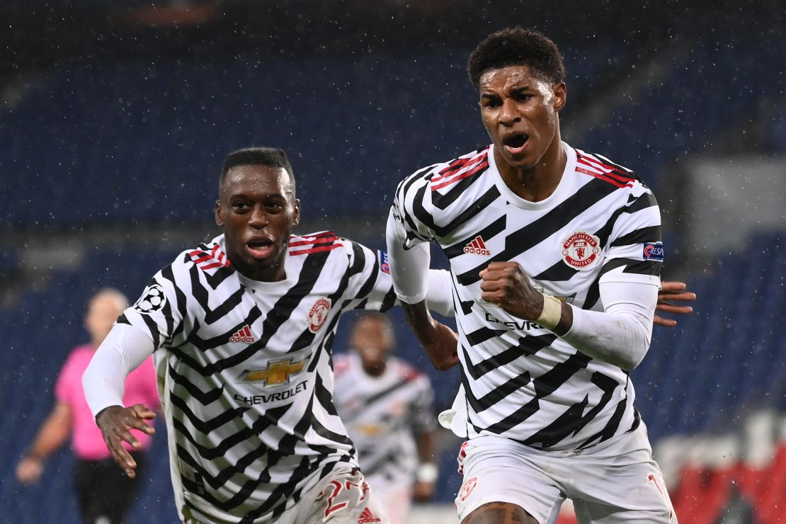 Rashford (R) celebrates after scoring a goal during in the Champions League on Tuesday.