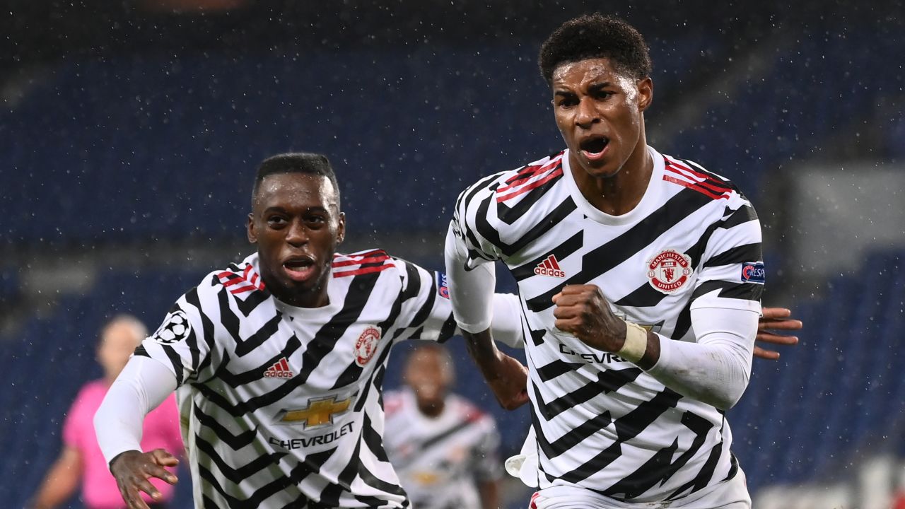 Rashford (R) celebrates after scoring a goal during in the Champions League on Tuesday.