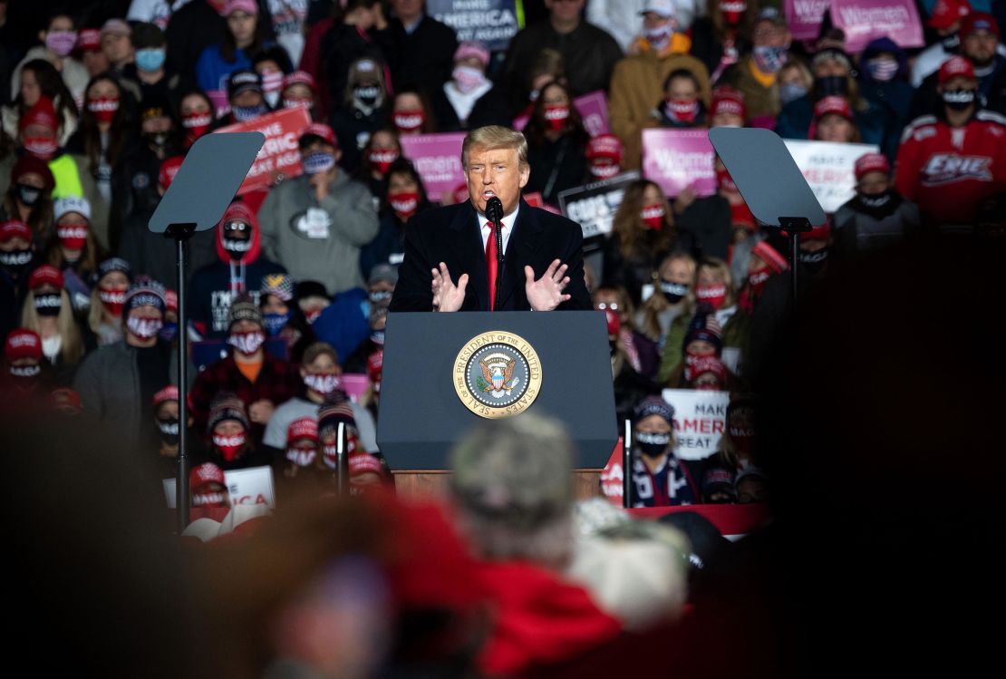 President Donald Trump addressing supporters at a campaign rally in Erie, Pennsylvania, on October 20, 2020. Although he lost to Joe Biden, Trump won 74 million votes.