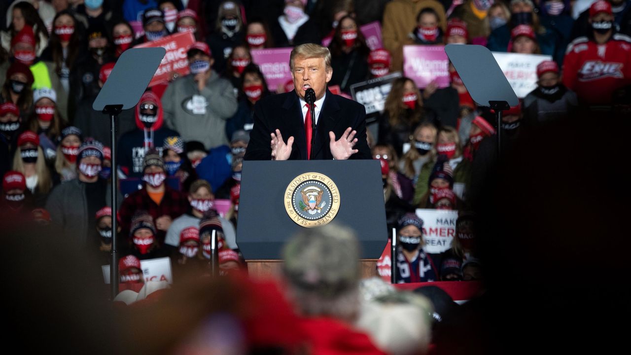 President Donald Trump addressing supporters at a campaign rally in Erie, Pennsylvania, on October 20, 2020. Although he lost to Joe Biden, Trump won 74 million votes.