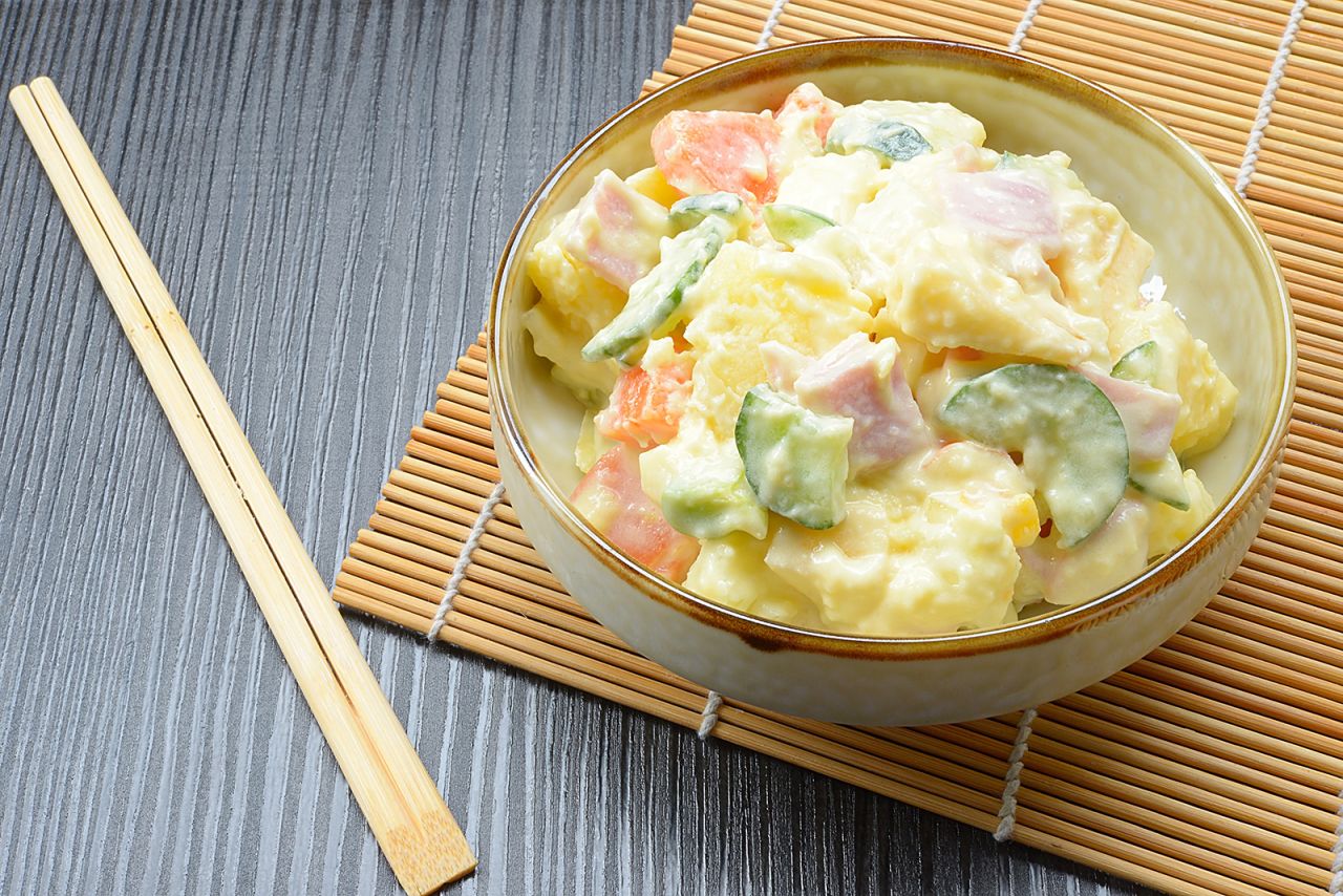 <strong>Japanese potato salad:</strong> Half-mashed potatoes are combined with Japanese Kewpie mayo, rice wine vinegar and chopped cucumber and carrots. 