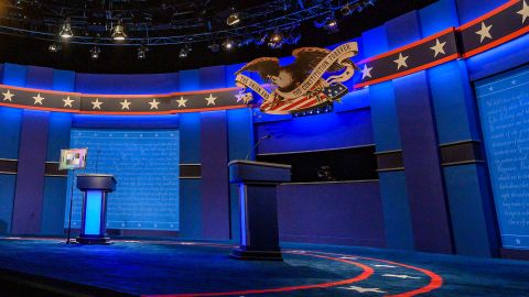 The stage for the final presidential debate of the US 2020 presidential elections is being tested for light and sound at Belmont University on October 21,2020 in Nashville, Tennessee. (Photo by Eric Baradat/AFP/Getty Images)