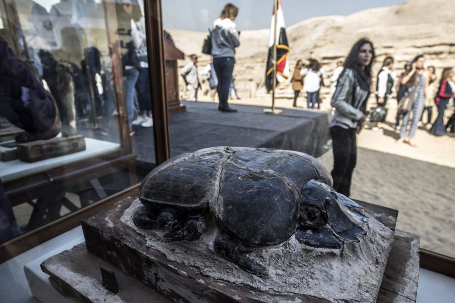 In November 2019 the Egyptian government unveiled 75 wooden and bronze statues and five lion cub mummies in Saqqara. Among the finds was this large statue of a scarab -- a symbol of the god Re. 
