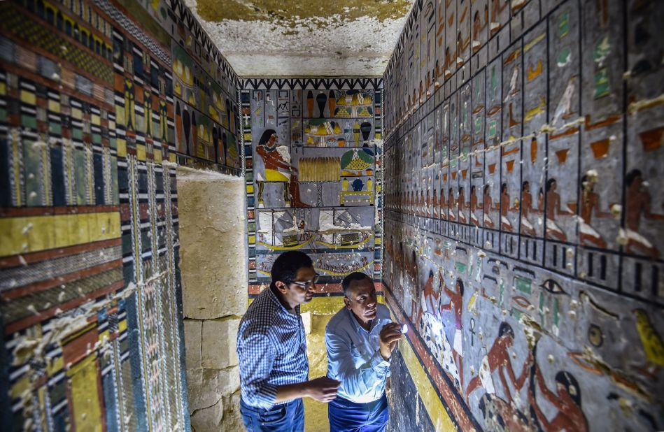 The inside of the tomb belonging to Egyptian nobleman Khewi in Saqqara, photographed April 2019. Mohamed Mujahid (left) led the Egyptian mission that discovered the tomb, which is believed to date back to the 5th Dynasty.