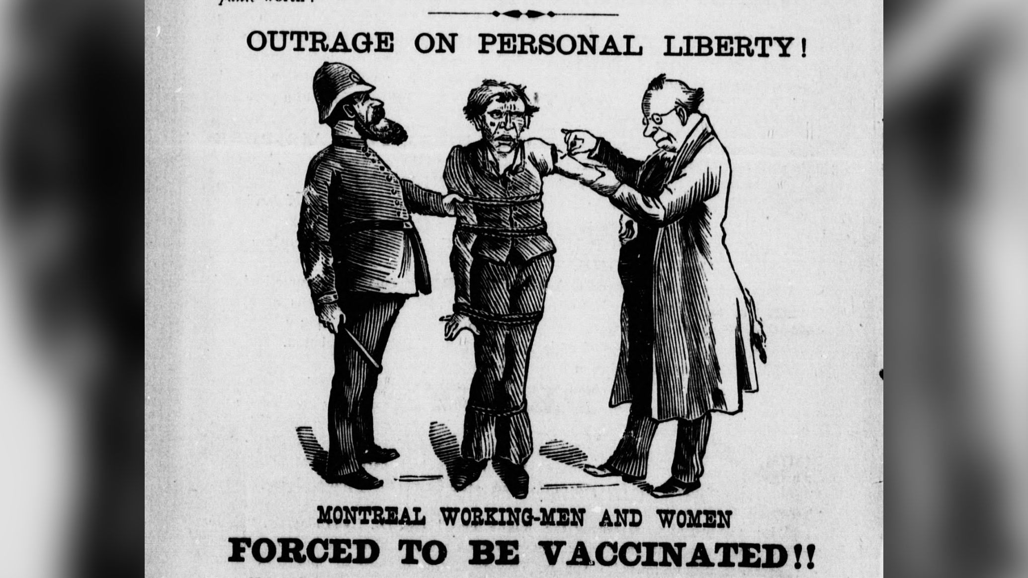 This cartoon depicts a working-class man being forcibly vaccinated by a health official, while held by a policeman.