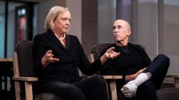 Meg Whitman, chief executive officer of Quibi SA, speaks while Jeffrey Katzenberg, chairman and founder of Quibi SA, right, listens during a Bloomberg Technology Television interview in Los Angeles, California, U.S., on Tuesday, Jan. 15, 2019. Katzenberg and Whitman discussed their new video streaming service and how they are building the new format and working with Hollywood's biggest studios. Photographer: Martina Albertazzi/Bloomberg via Getty Images