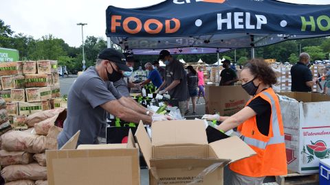 People package food at a distribution site set up by the Community Food Bank of New Jersey.