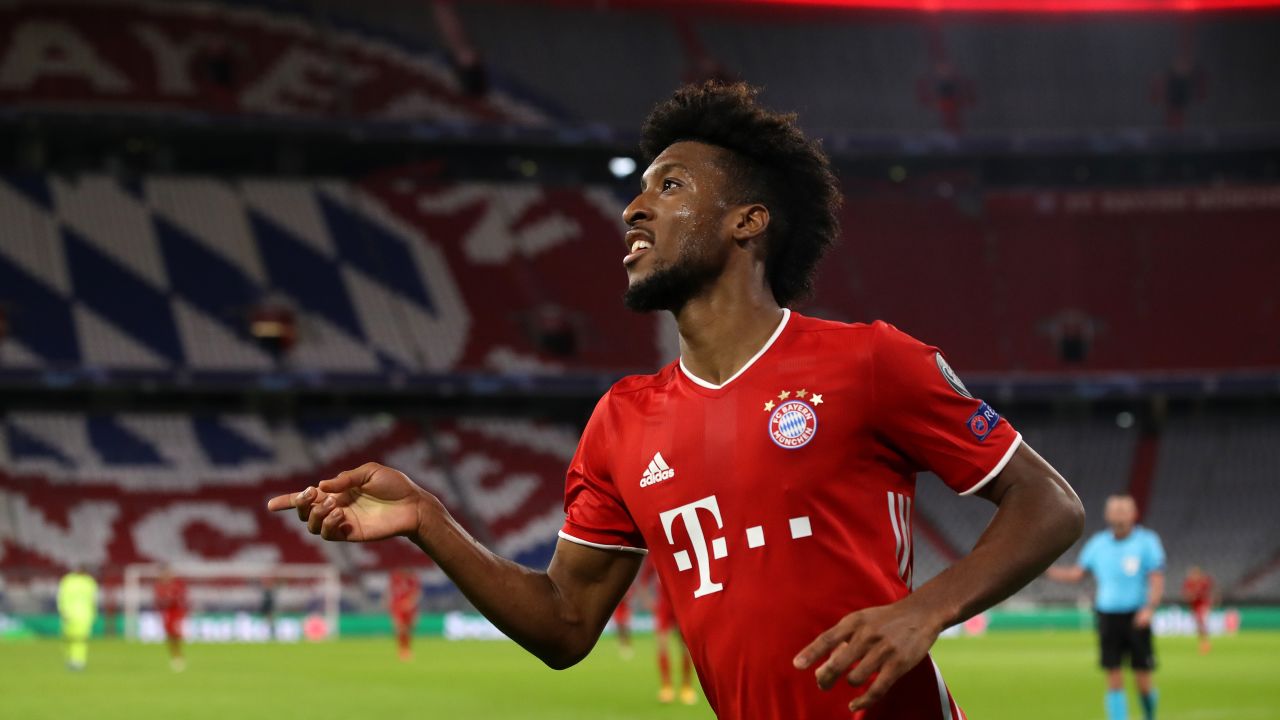 Kingsley Coman celebrates after scoring Bayern's fourth goal.