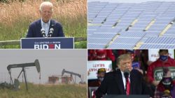A 2x2 grid split screen showing Donald Trump and Joe Biden and energy industry equipment.