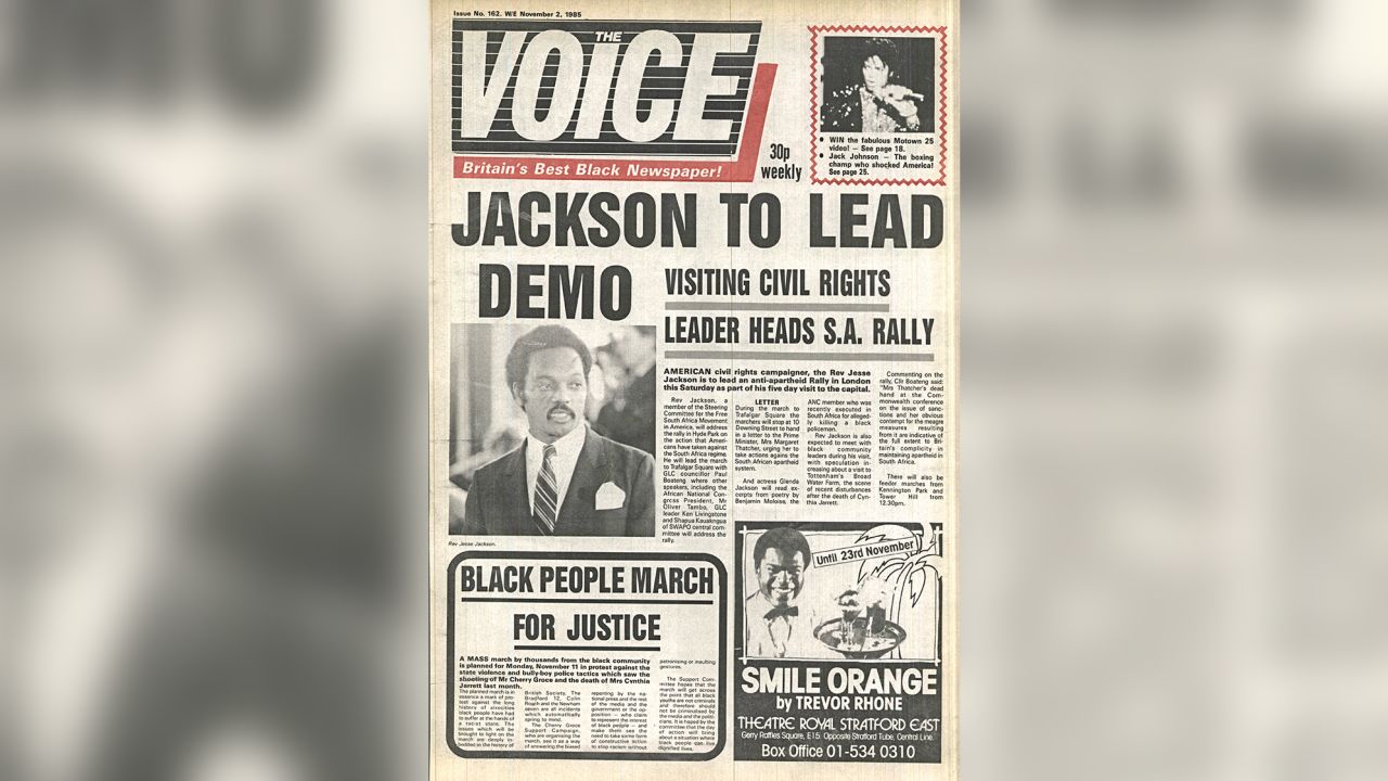 The Voice on November 2, 1985 with the news that American civil rights activist, Jesse Jackson would lead an anti-Apartheid rally in London.