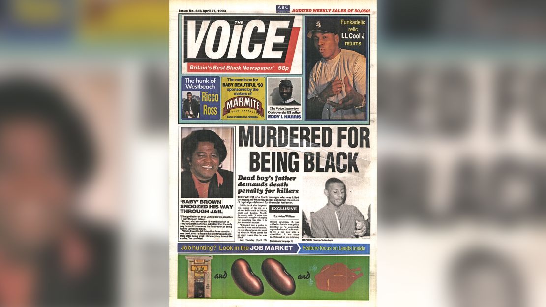 The Voice leads its front page on April 27, 1993 with the murder of Stephen Lawrence.