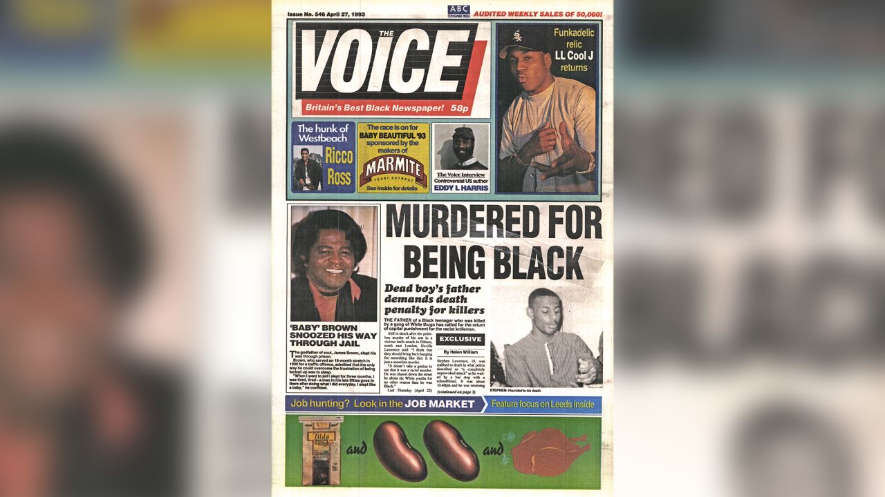 The Voice leads its front page on April 27, 1993 with the murder of Stephen Lawrence.