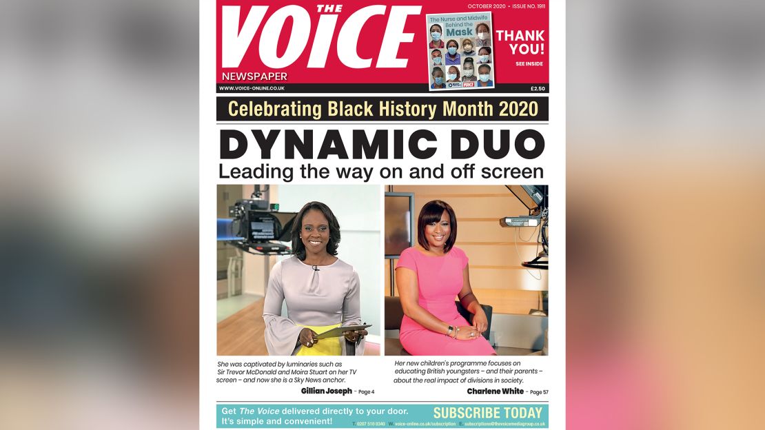 The Voice's October 2020 issue profiles anchors Gillian Joseph and Charlene White of Sky News and ITV News, respectively.