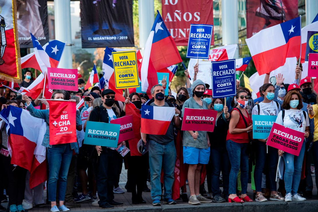 People demonstrate against changing the constitution in Santiago on Oct. 21.