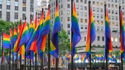 NEW YORK, NEW YORK - JUNE 28: Rainbow flags are seen in Rockefeller Center in honor of the 50th anniversary of the first gay pride march on June 28, 2020 in New York City. Due to the ongoing coronavirus pandemic, this year's Pride march had to be canceled over health concerns. The annual event, which sees millions of attendees, marks its 50th anniversary since the first march following the Stonewall Inn riots. (Photo by Noam Galai/Getty Images)