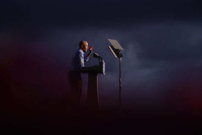 Former President Barack Obama speaks at Philadelphia's Citizens Bank Park as he campaigns for Biden, his former vice president, on October 21. 