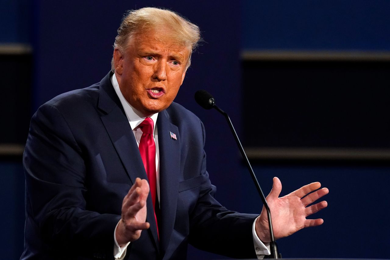 Trump speaks during his <a href="https://www.cnn.com/2020/10/22/politics/gallery/biden-trump-final-2020-presidential-debate/index.html" target="_blank">second debate</a> with Biden. Because the first debate quickly descended into a glorified shouting match, the Commission on Presidential Debates instituted <a href="https://www.cnn.com/2020/10/22/politics/presidential-debate-tonight/index.html" target="_blank">an unprecedented change this time around:</a> The candidates had their microphones cut off while their opponent responded to the first question of each of the debate's six segments.
