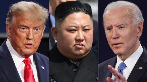 Donald Trump, Kim Jong Un and Joe Biden split