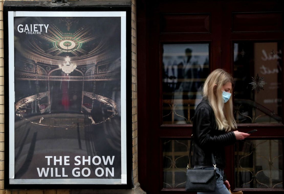 A sign outside the Gaiety Theatre in Dublin's city centre. Ireland has reimposed a national lockdown for six weeks in a bid to combat the rise in cases of the virus.