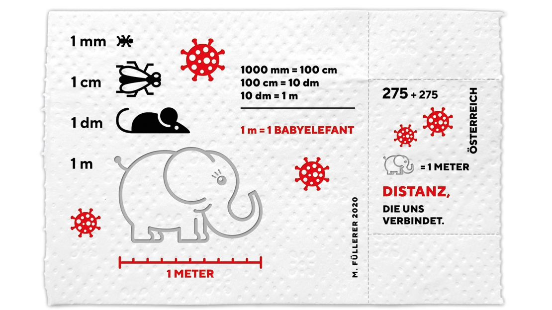 The stamp, made of three-ply toilet paper, features a baby elephant, whose one-meter length has been used in Austria as a reminder of the recommended social distance. 