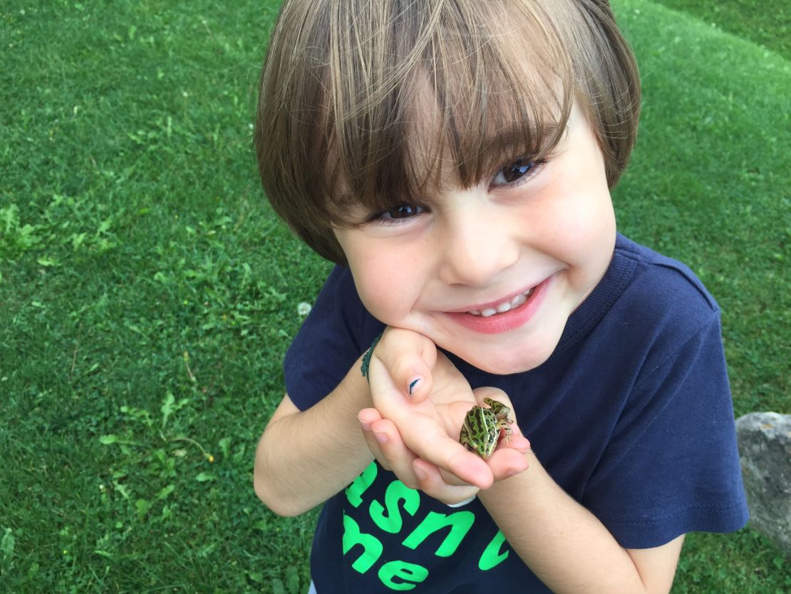 Noah's mom says he loves to go out and find frogs in the back yard. He makes a place with water and rocks for them to hang out in, observes them and then releases them near the river that runs behind the house so that they are safe from the lawn mower when his dad cuts the grass. 