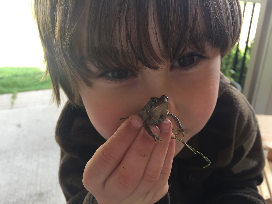 Noah's mom says, "He loves all the small creatures that he finds and worries that the snakes might get hungry but can't bear the thought of the frogs getting eaten."