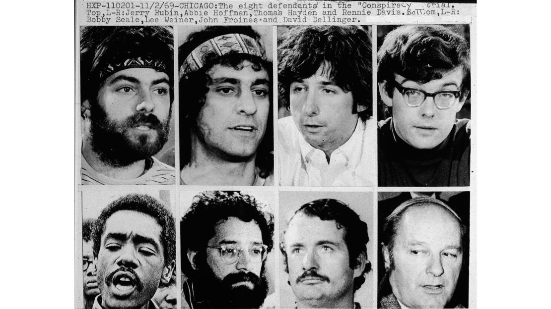 The Chicago Eight (who became the Chicago Seven after Bobby Seale's case was severed): Jerry Rubin, Abbie Hoffman,Tom Hayden, Rennie Davis, Bobby Seale, Lee Weiner, John Froines and David Dellinger, circa 1968. 