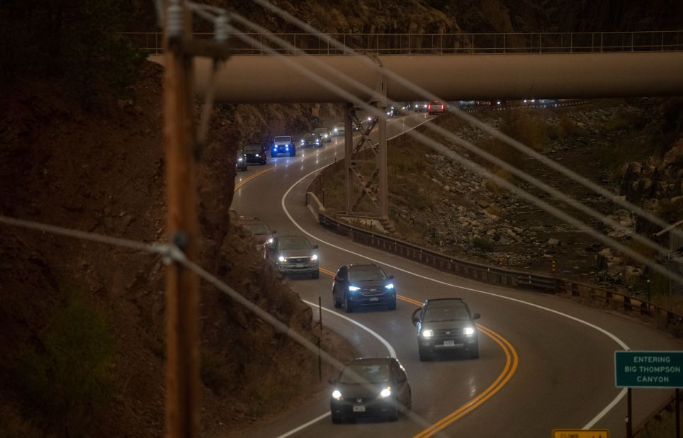 Evacuees drive through a traffic jam exiting Big Thompson Canyon as the East Troublesome Fire forced residents out of Estes Park, Colorado, on October 22, 2020.