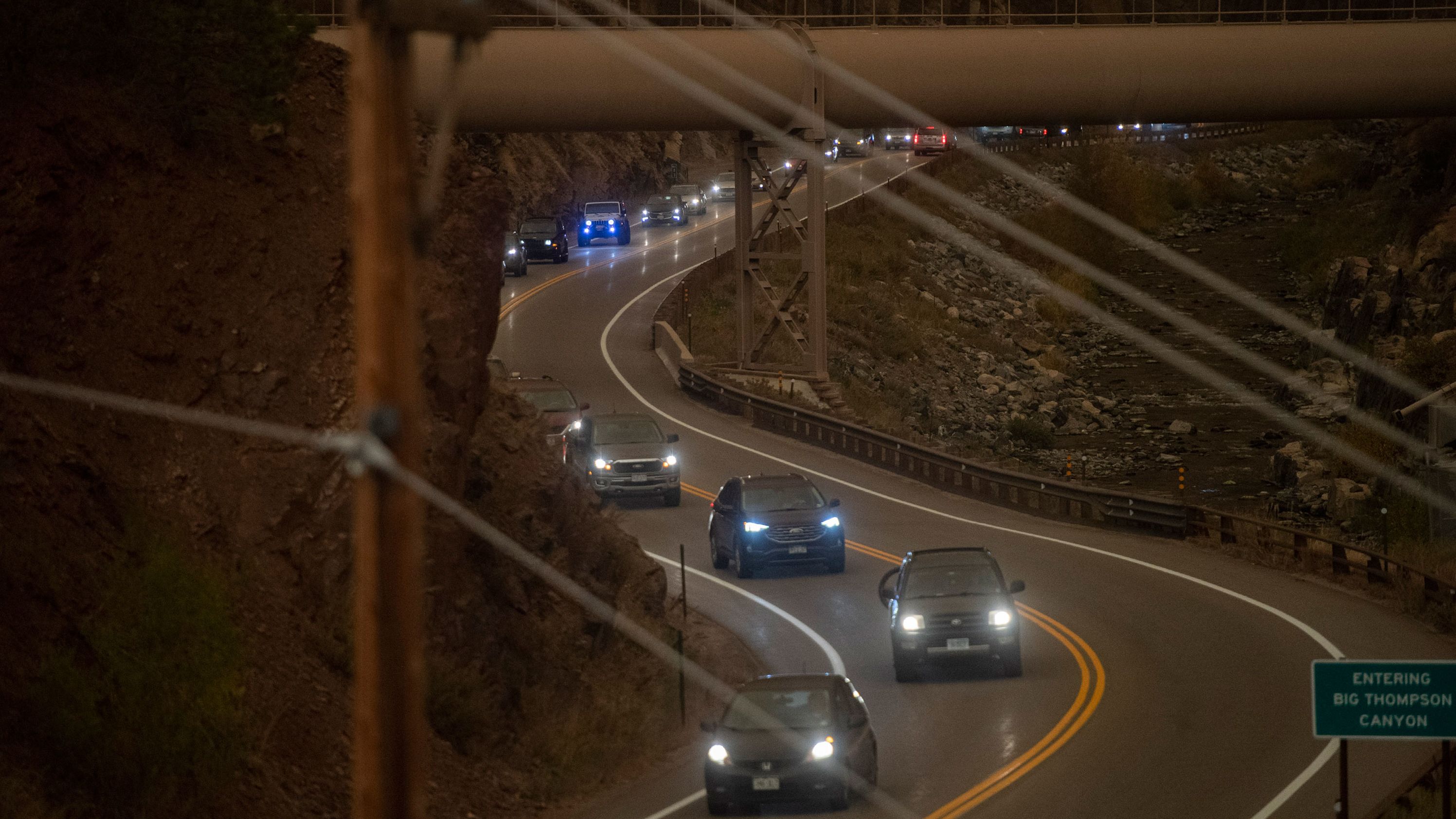 Evacuees drive through a traffic jam exiting Big Thompson Canyon as the East Troublesome Fire forced residents out of Estes Park, Colorado, on October 22, 2020.