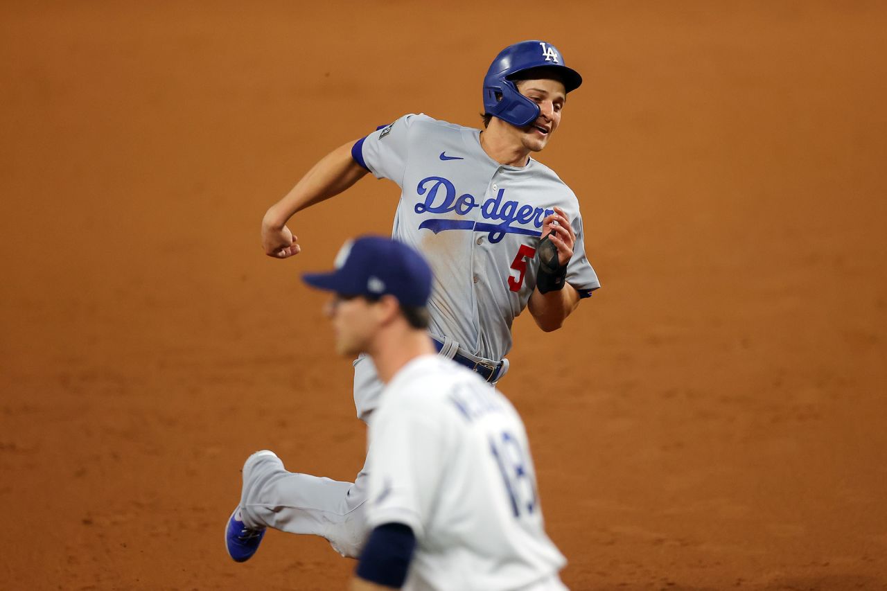 The Dodgers' Corey Seager runs the bases during the third inning.