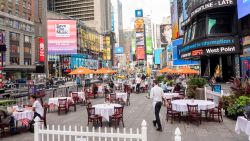 NEW YORK, NEW YORK - OCTOBER 23: People dine at Tony's Di Napoli's outdoor seating in Times Square as part of Restaurant Week as the city continues the re-opening efforts following restrictions imposed to slow the spread of coronavirus on October 23, 2020 in New York City. The pandemic continues to burden restaurants and bars as businesses struggle to thrive with evolving government restrictions and social distancing plans which impact keeping businesses open yet challenge profitability. (Photo by Noam Galai/Getty Images)