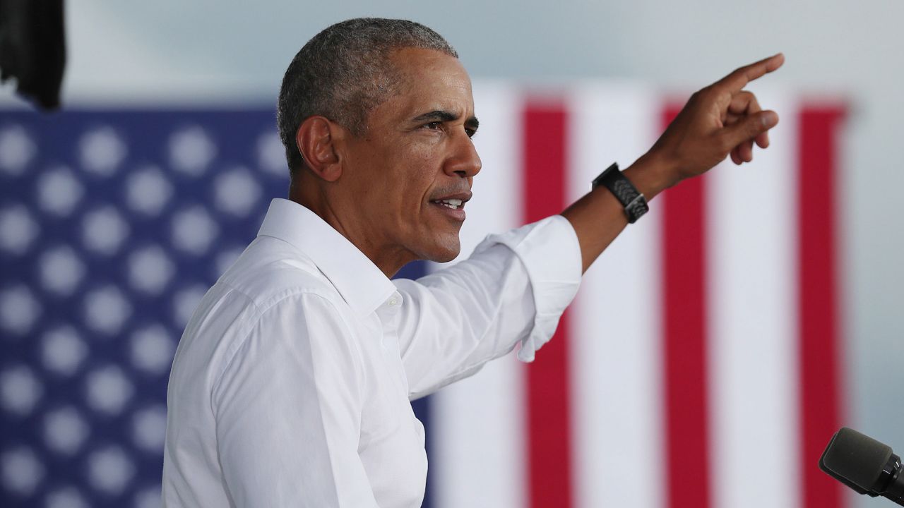 Former President Barack Obama speaks in support of Democratic presidential nominee Joe Biden during a drive-in rally on October 24, 2020 in North Miami, Florida.