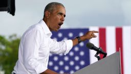 Former President Barack Obama speaks as he campaigns for Democratic presidential candidate former Vice President Joe Biden at Florida International University, Saturday, Oct. 24, 2020, in North Miami, Fla. 