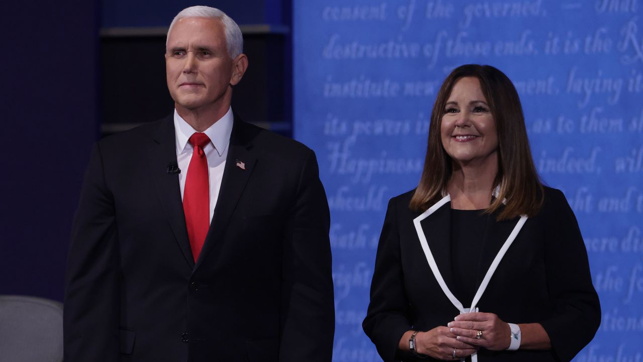 Vice President Mike Pence and wife Karen Pence appear on stage after the vice presidential debate against Democratic vice presidential nominee Sen. Kamala Harris.
