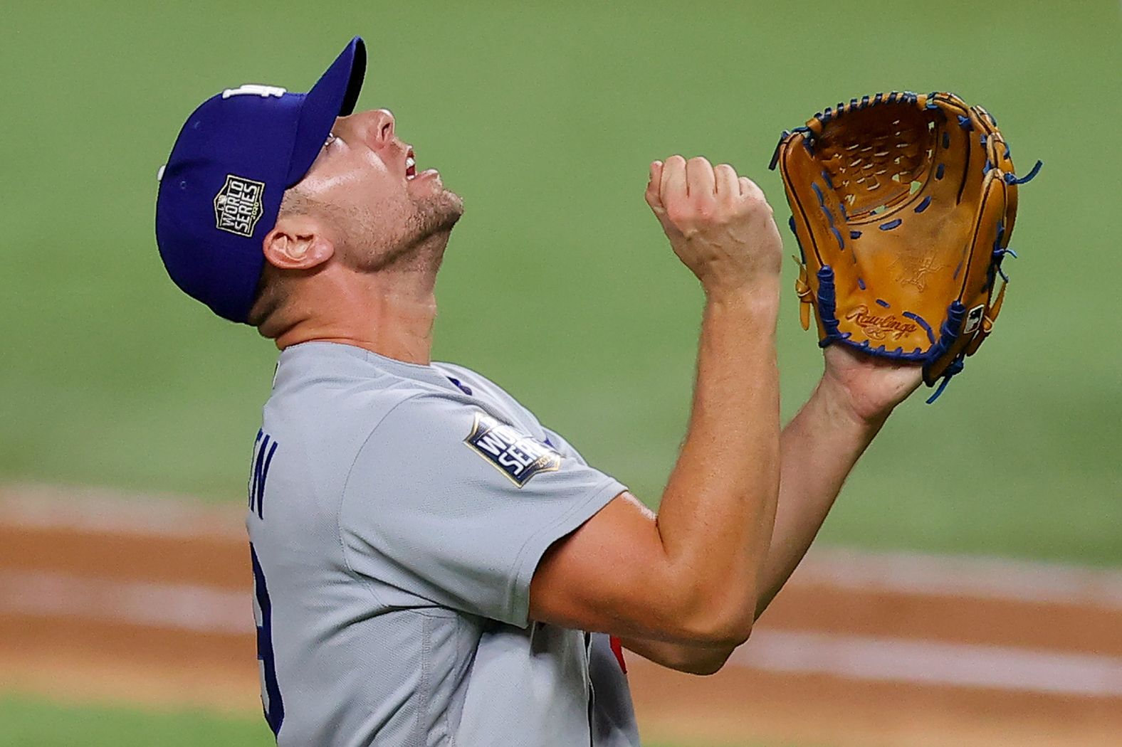 Dodgers pitcher Blake Treinen exults after striking out Willy Adames of the Rays to secure the 4-2 victory in Game 5.