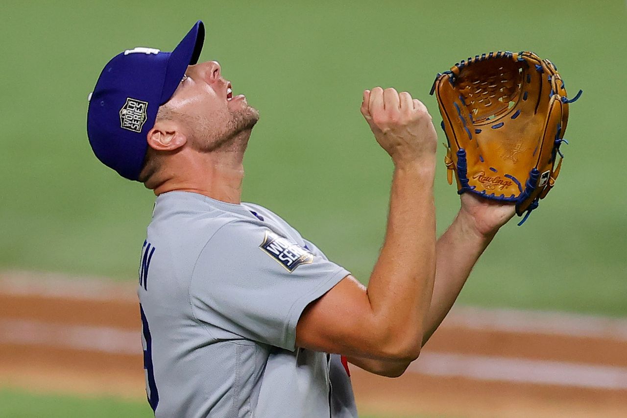 Dodgers pitcher Blake Treinen exults after striking out Willy Adames of the Rays to secure the 4-2 victory in Game 5. 