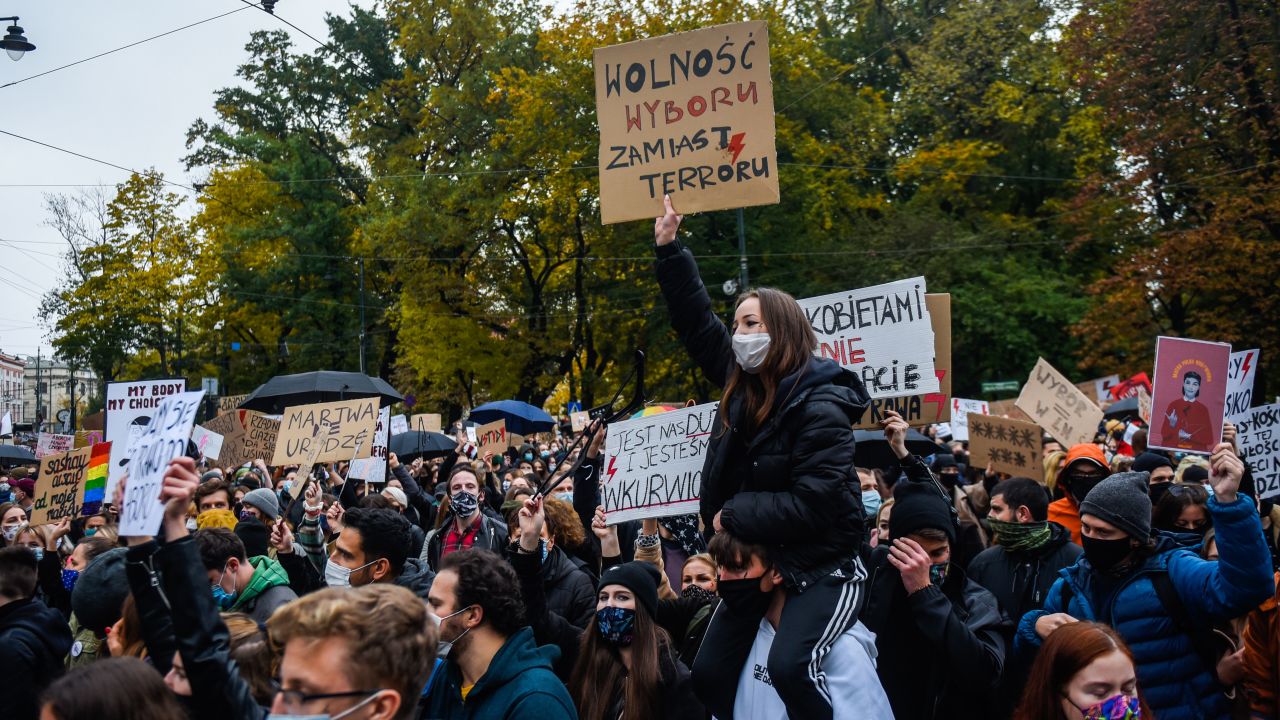 Protesters gathered for a fourth day of protests against the Constitutional Court ruling on tightening the abortion law in front of Krakow's Archbishop's Palace on Sunday.
