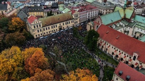 Thousands of protesters gathered during the fourth day of protests against the Constitutional Court ruling on tightening the abortion law in front of Krakow's Archbishop's Palace Sunday.