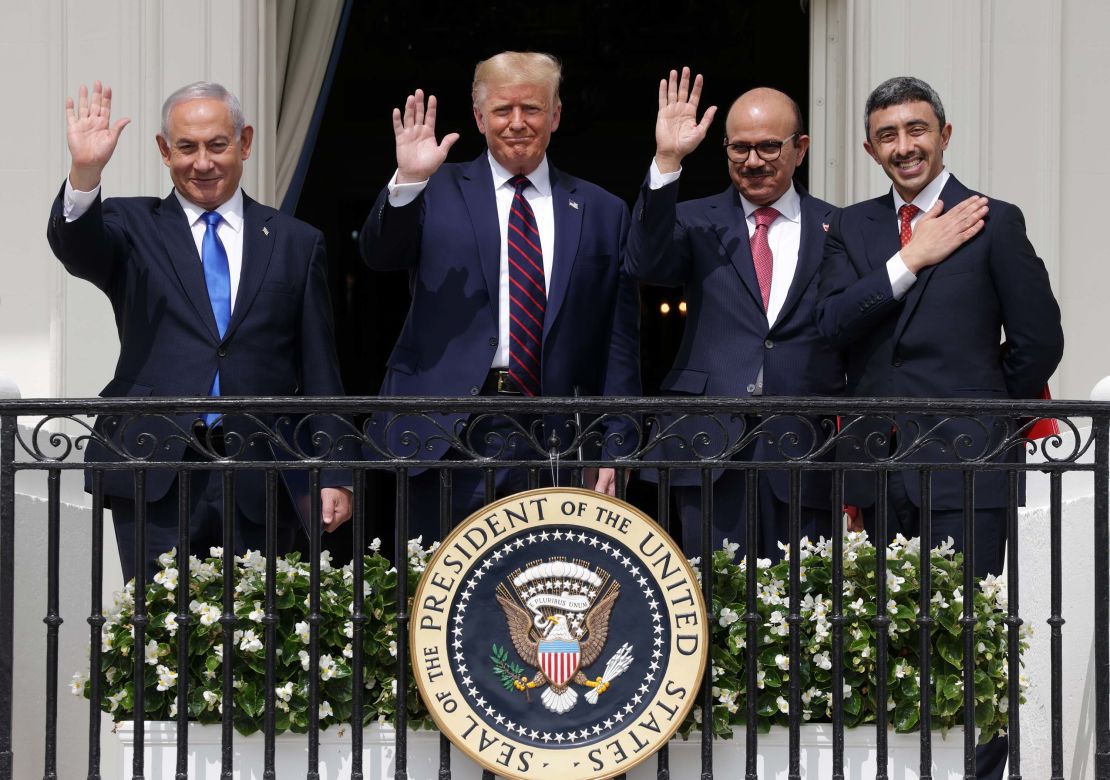 Israeli Prime Minister Benjamin Netanyahu, President Donald Trump, Bahraini Foreign Minister Abdullatif bin Rashid Al Zayani, and UAE Foreign Minister Sheikh Abdullah Bin Zayed wave from a White House balcony after the signing ceremony of the Abraham Accords on September 15.