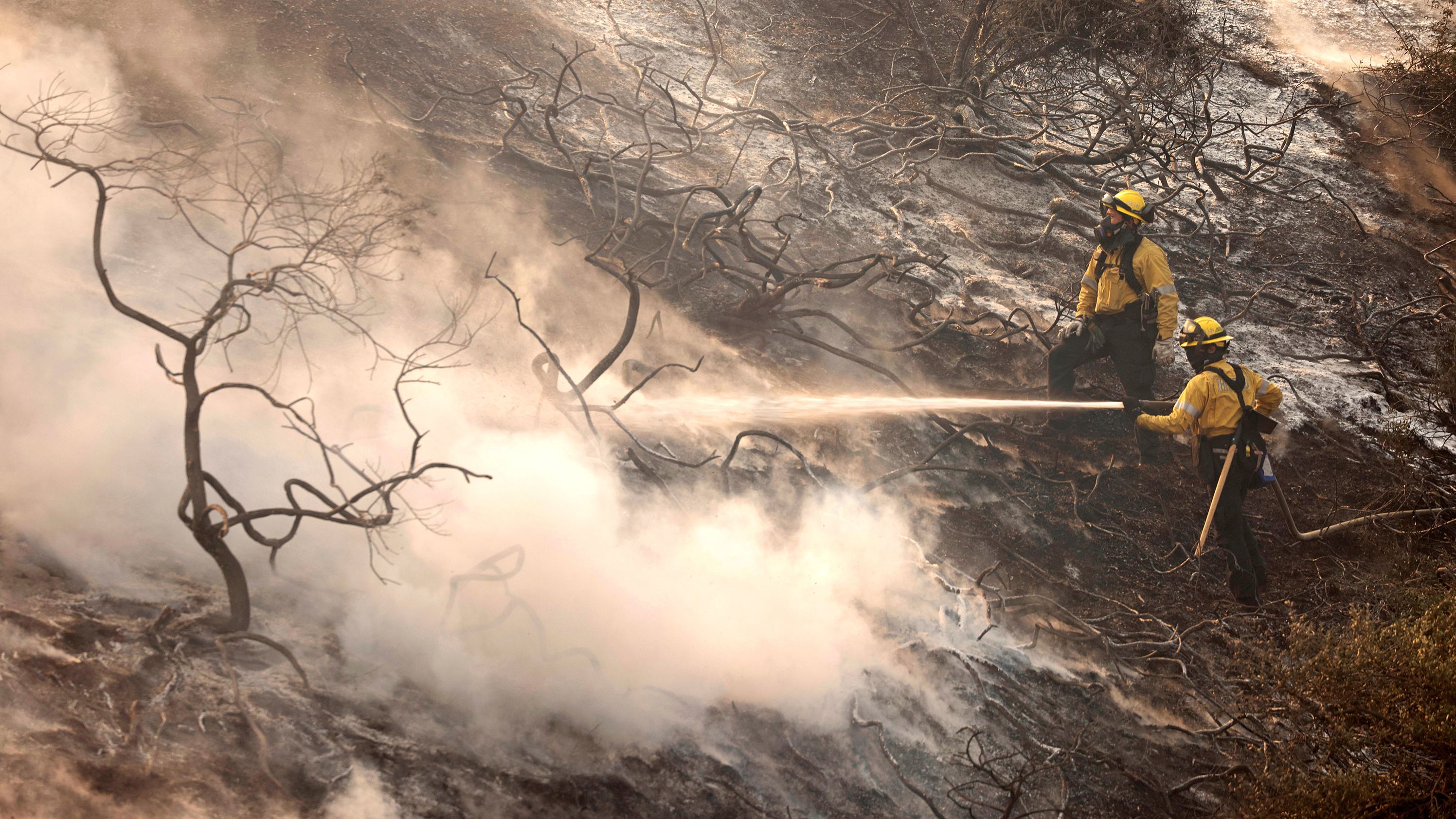 A firefighter uses a hose as the Silverado Fire approaches near Irvine, California.