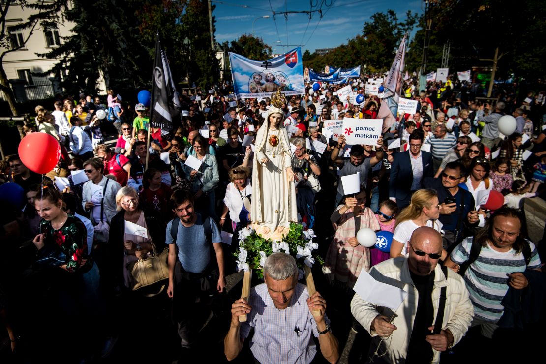 An anti-abortion protest "National March for Life," demanding a ban on abortions, in Bratislava, Slovakia on September 2019.